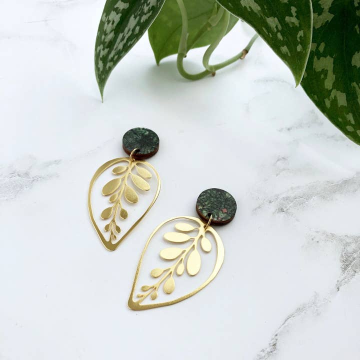 Gold Calathea Makoyana Drop Studs for wholesale by MicaPeet