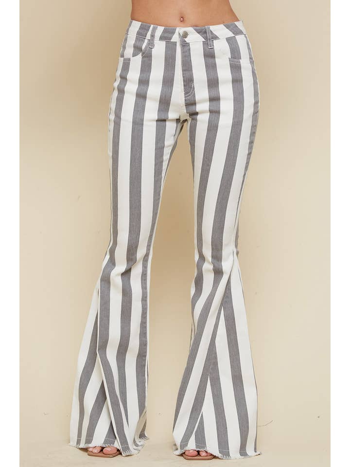 Saints & Hearts - Wholesale Jeans - Women's - SIP6106C WESTERN CHARCOAL STRIPED WASHED DENIM BELL BOTTOMS