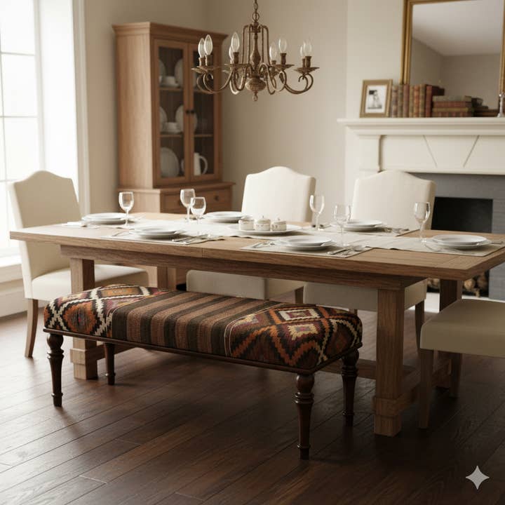 Turkish Oriental Kilim Upholstered Wooden Bench for wholesale by Rugtolia