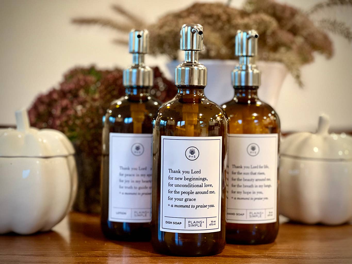 Plains + Simple - Wholesale Soap Dispenser - Thank You Lord Amber Glass Reusable Soap/Lotion Dispenser9