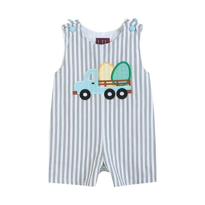 Lil Cactus - Wholesale Overalls - Baby - Gray Striped Easter Egg Truck Shortalls