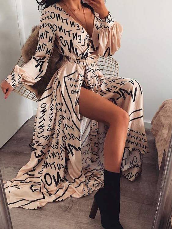 APRICOT letter print lantern sleeve high slit maxi dress for wholesale on Faire8