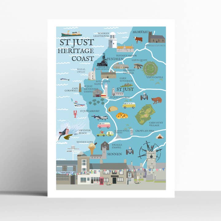 St Just Coast Illustrated Map Print Exclusive for wholesale by BETTY BOYNS MAPS