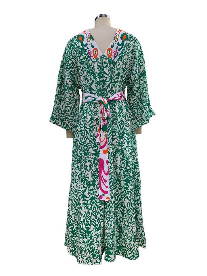 green loose long sleeve bohemia floral maxi dress for wholesale on Faire4