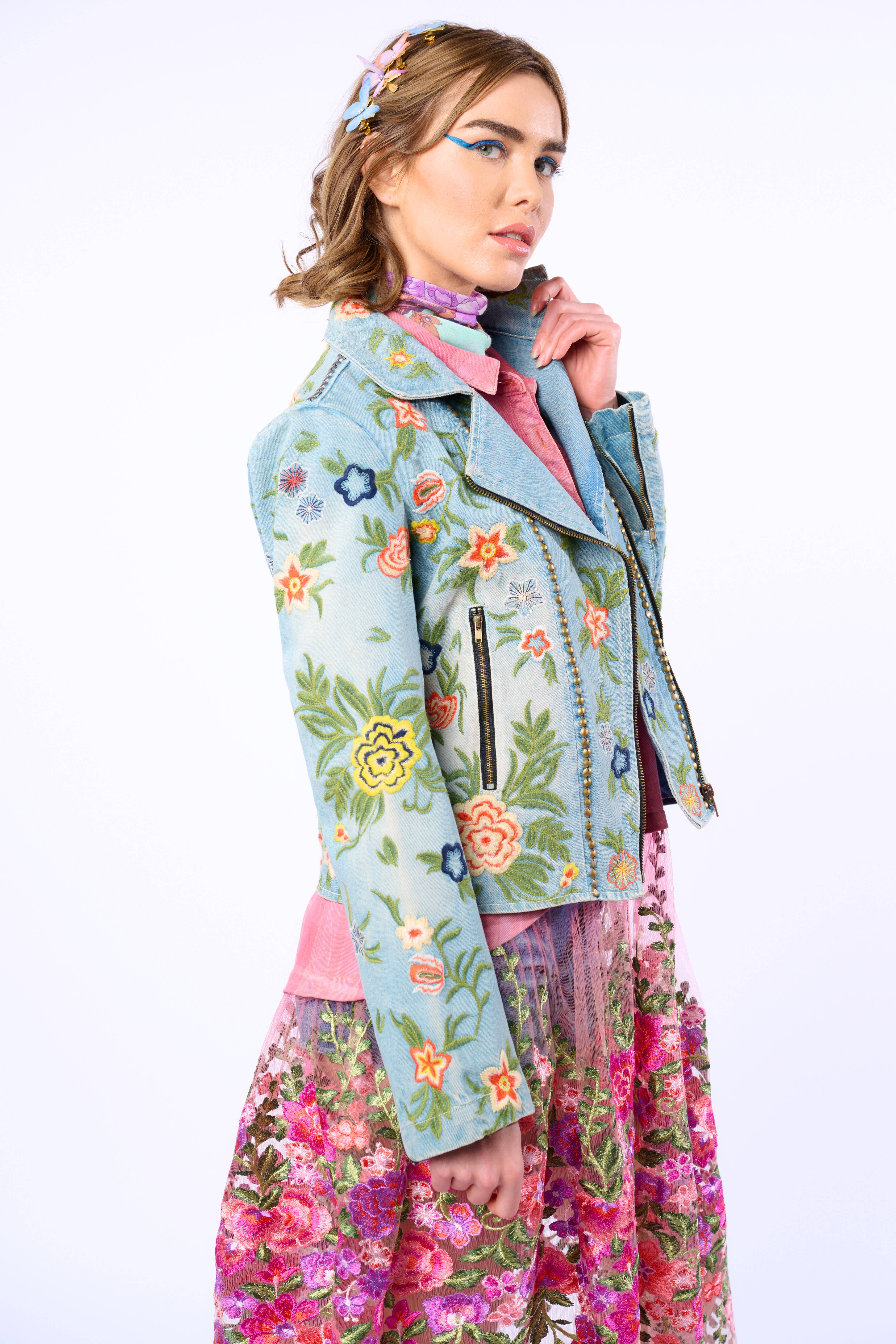 Lucinda Embroidered Denim Motorcycle Jacket for wholesale on Faire3