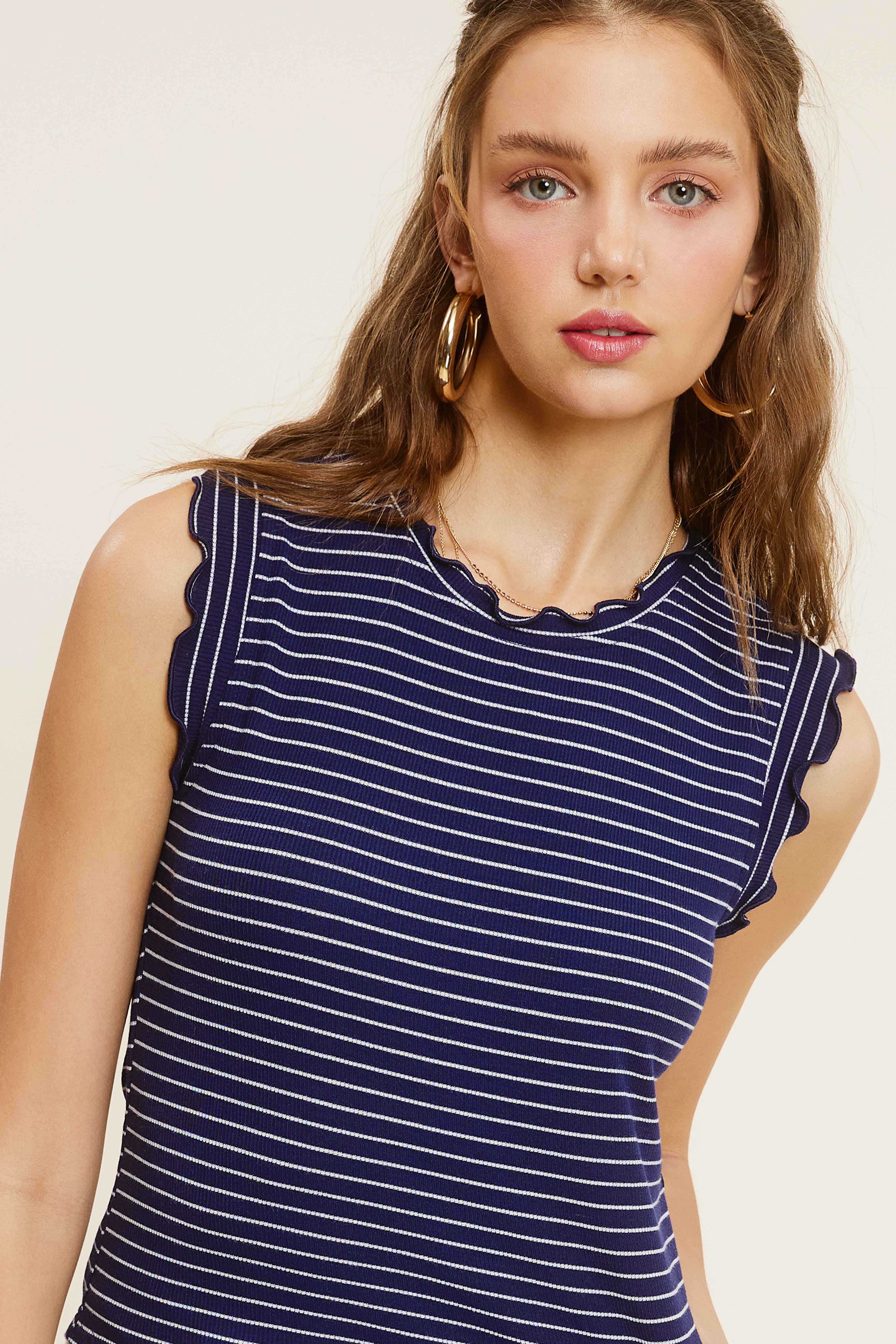 La Miel – wholesale Tank top – Women′s – HCT7692-Stretchy Brushed Ruffle Sleeve Stripe Tank Top21