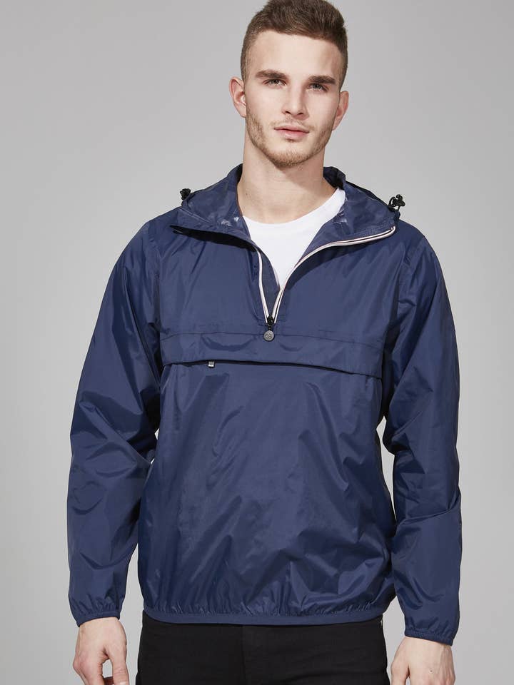 Navy quarter zip packable rain jacket and windbreaker for wholesale by O8 Lifestyle
