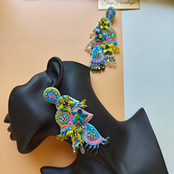 ShopHimalaya - Wholesale Dangle Earrings - Handmade Blue Colorful Beaded Earrings Statement Dangle4