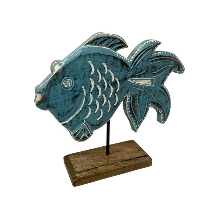 Wilco Home - Vente Décorations de table - Poisson rouge Gomez en bois sculpté sur tige en métal avec base5