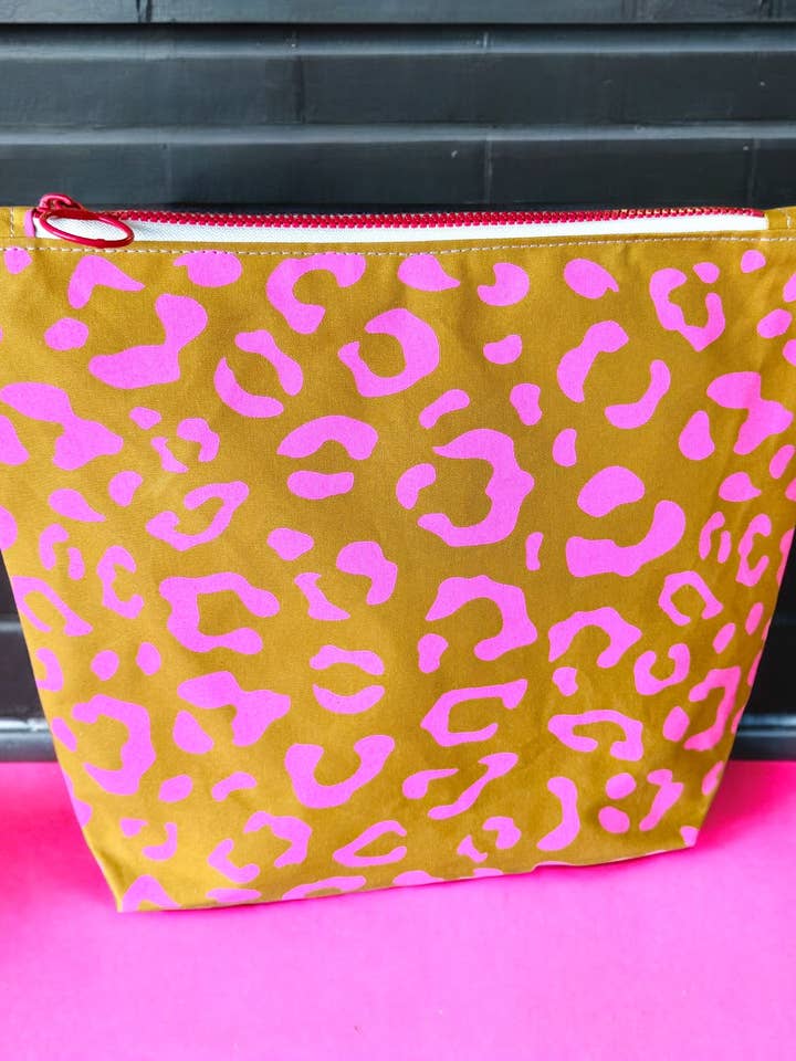 Handprinted cosmetic bag Pink and Mustard Leopard for wholesale by Yolla.studio