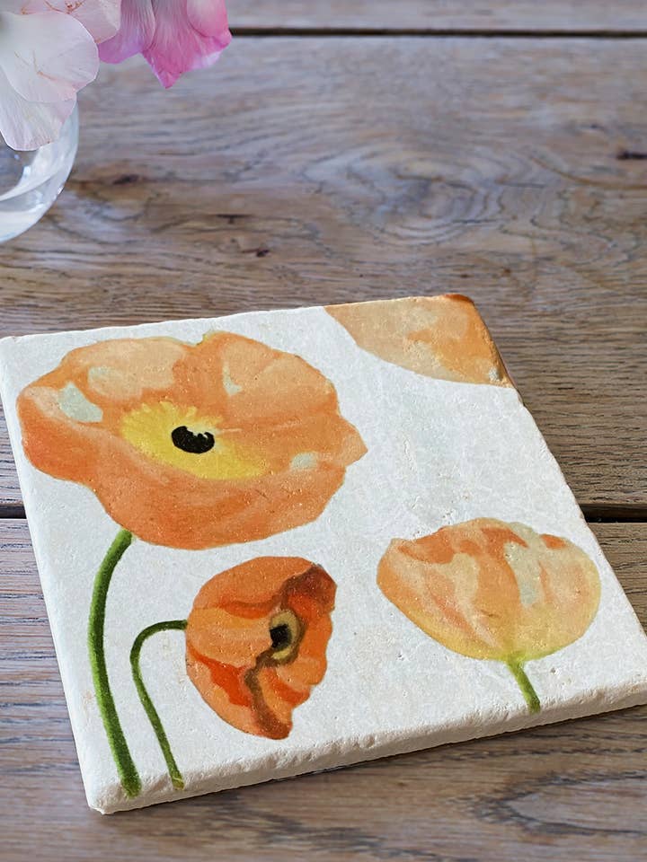 Peach Poppies on Snow Trivet for wholesale by India & Purry by Jessica Hollander
