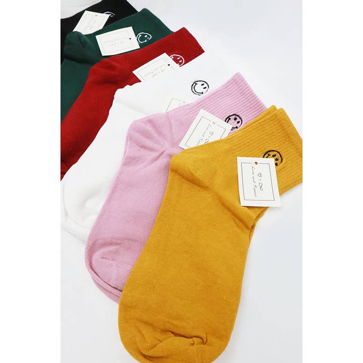 MIX COLOR Solid Smiley Embroidered All Year Long Socks for wholesale on Faire7