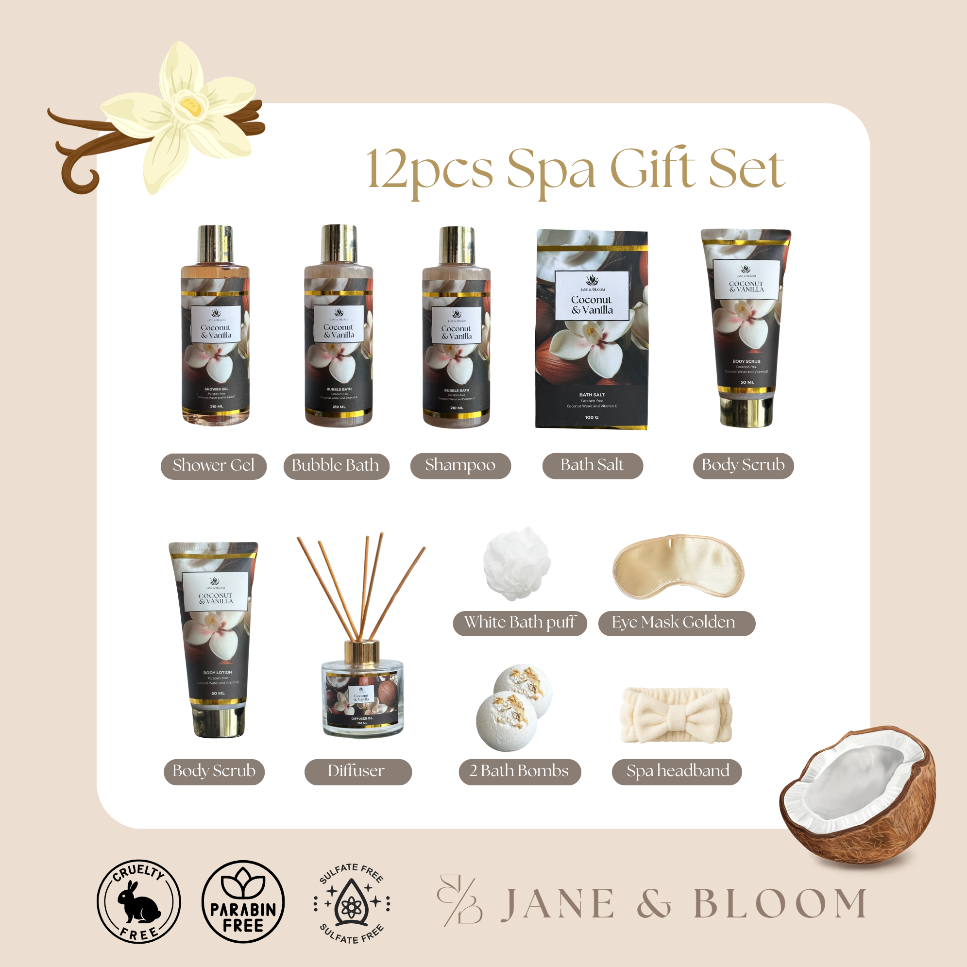Jane and Bloom USA - Wholesale Bath & Body Set - Coconut & Vanilla Luxury Spa Gift Basket1