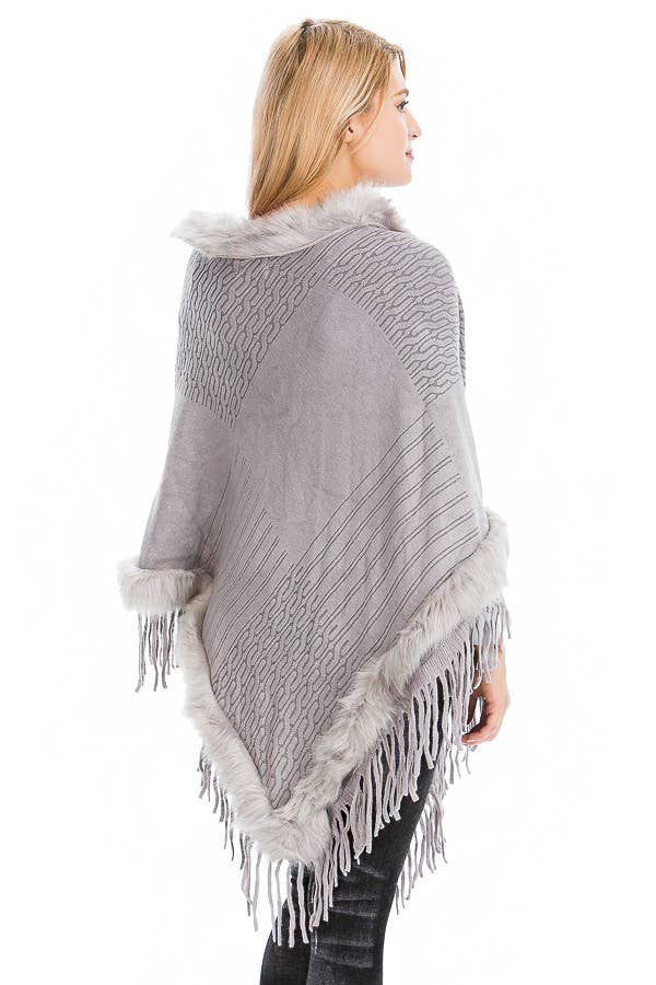 Cap Zone - Wholesale Poncho - Women's - Cable Printed Faux Fur Collar And Trimming Poncho2