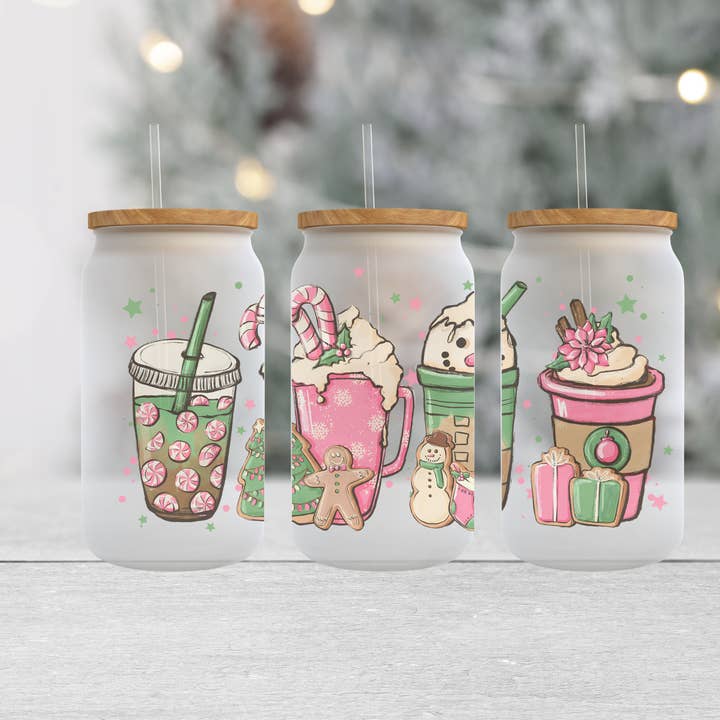 Livy Lou Designs + Co - Wholesale Drinking Glass/Cup - Pink Snowman - Frosted Can Glass