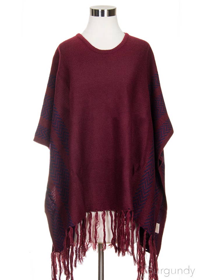 Hana – wholesale Poncho – Women's – Side Stripe Poncho with Fringe