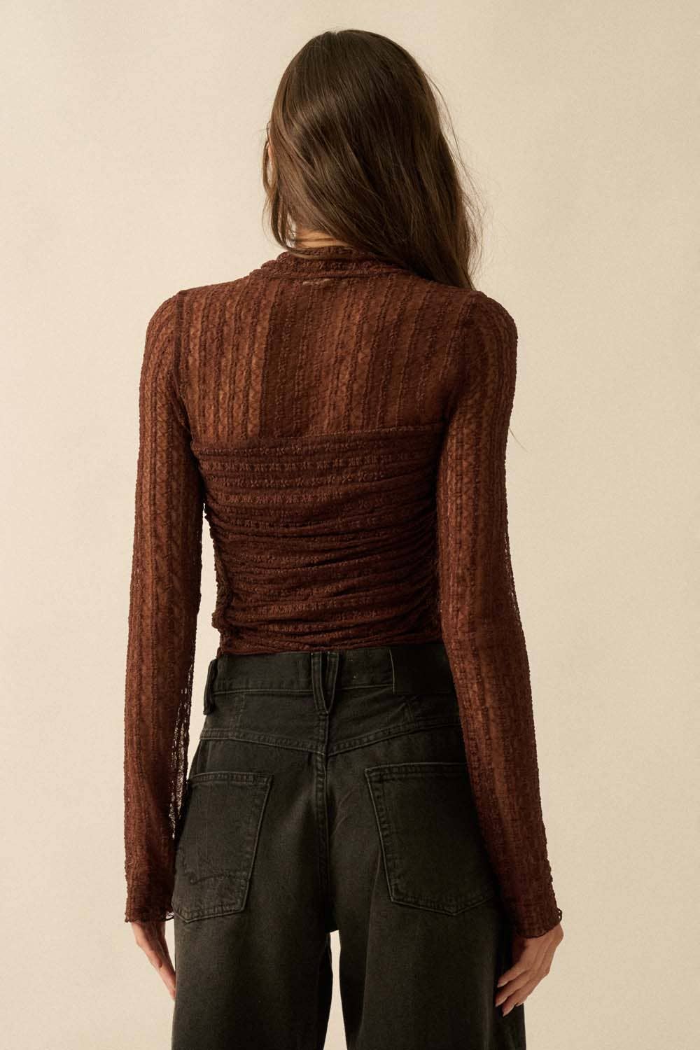 Promesa USA - Wholesale Bodysuit - Women's - Striped Floral Lace Ruched Mock-Neck Bodysuit11