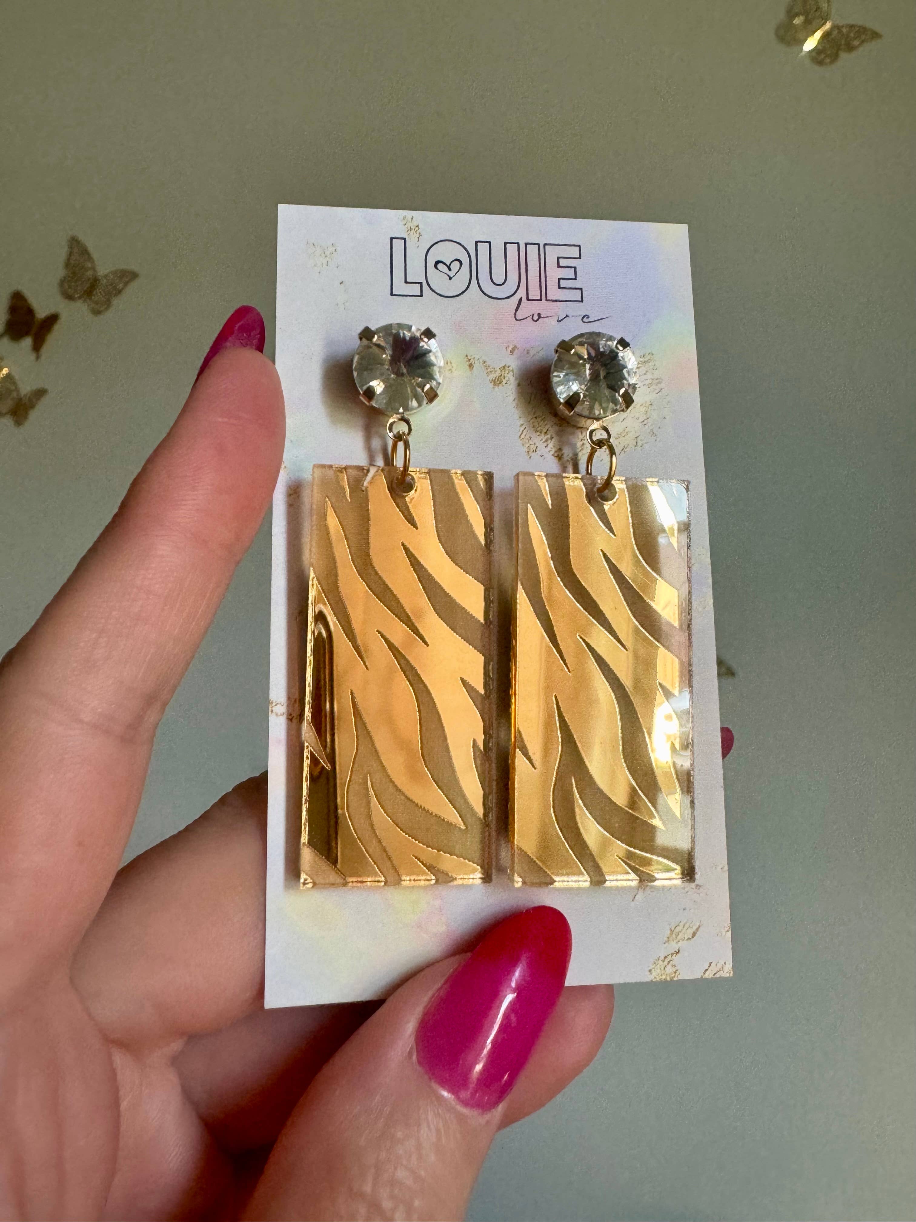 Louie Love - Vente Boucles d'oreilles pendantes - Boucles d'oreilles rectangulaires en forme de tête de tigre en acrylique doré 5