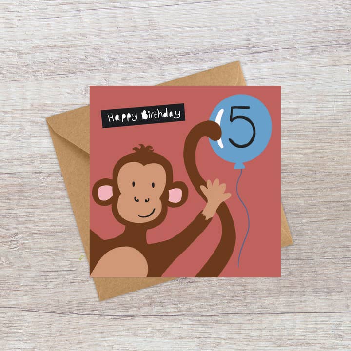 Age 5 Birthday card - Cute Monkey for wholesale by Lucy Driver Illustration