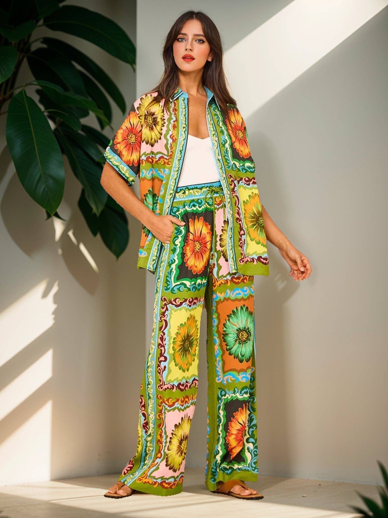 MULTI Floral Print Top and Pants Set for wholesale on Faire0