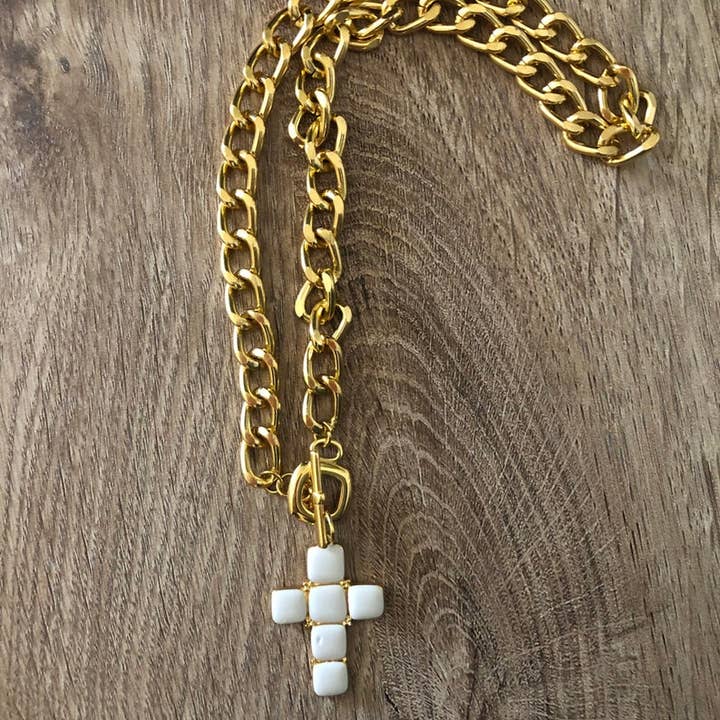 Christina Christi - Wholesale Pendant/Charm Necklace - White Cross Necklace with Gold Chain