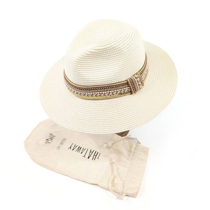 Black Ginger - Wholesale Straw Hat - Women's - Jewelled Band Panama Foldable Hat (57cm) - Natural