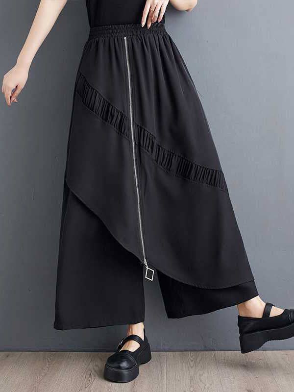 Plush Looks - Wholesale Pants - Women's - High Waisted Loose Elasticity Pleated Pockets Split-Joint Zipper Culotte Pants5