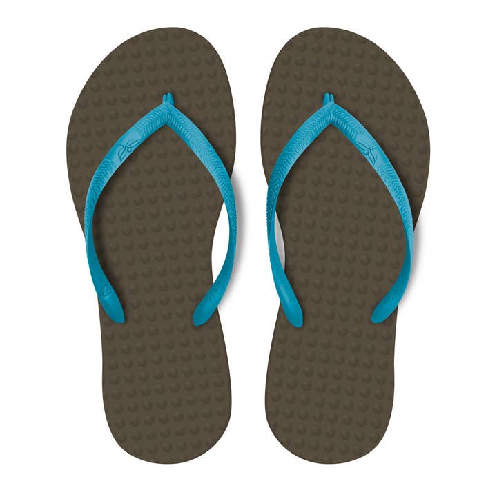 Green Flip Flops – Großhandel Flip-Flops – Damen – Nachhaltige Damen-Flipflops, braun mit türkisfarbenen Trägern