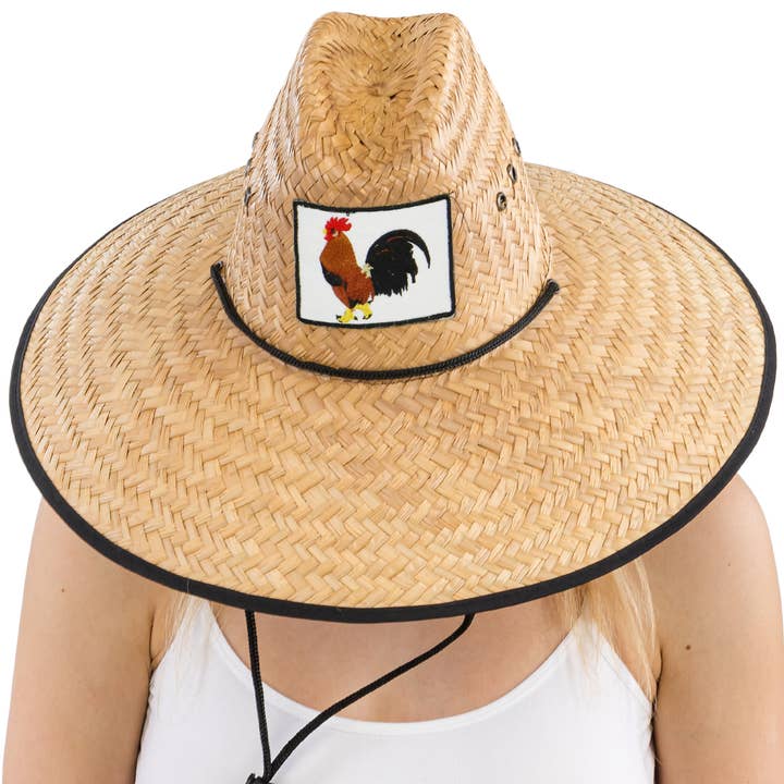Cap Zone - Wholesale Straw Hat - Unisex - Rooster El Gallo Patch Eyelet Straw Lifeguard Hat