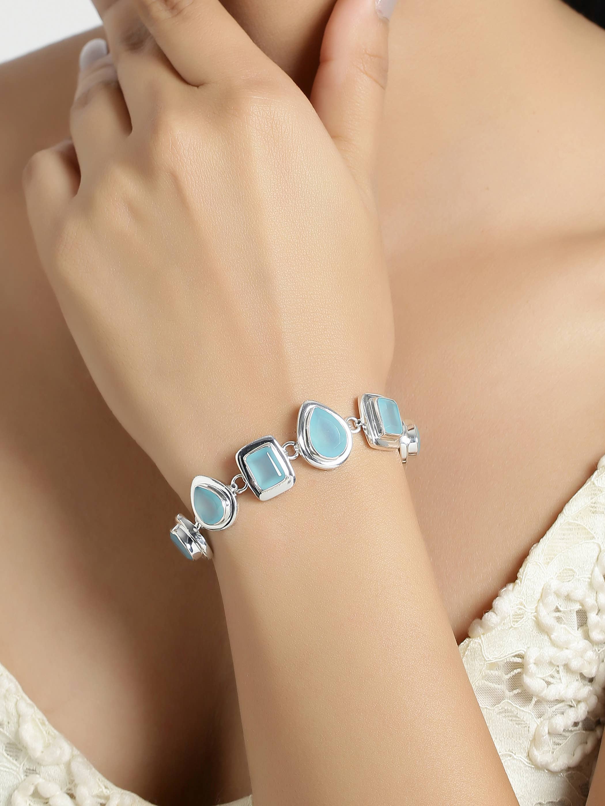 Tiramisu - Wholesale Link & Chain Bracelet - 925 Silver Aquatic Glow Aqua Chalcedony Gemstone Bracelet1