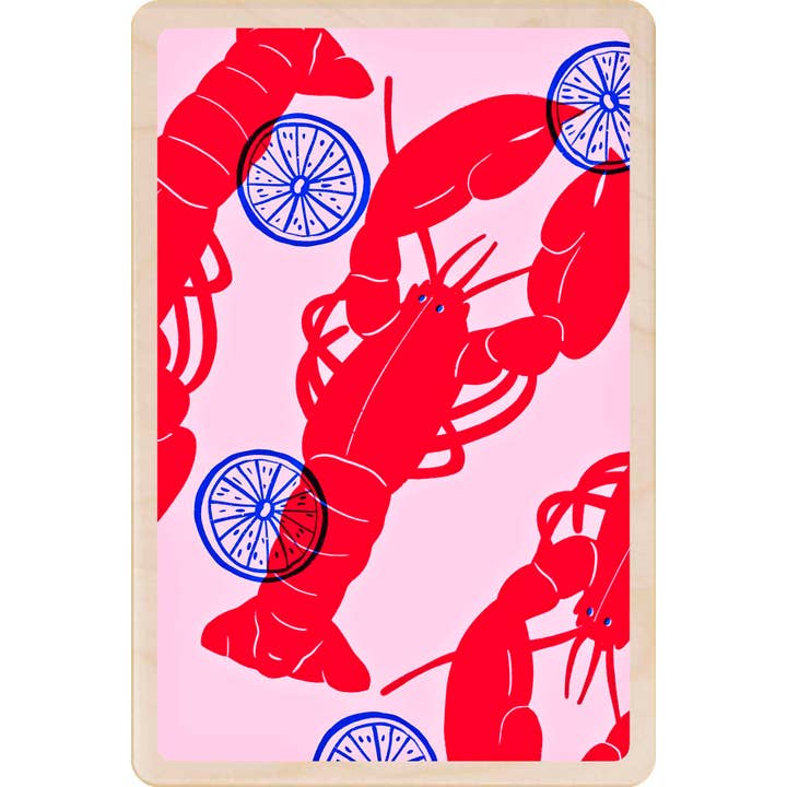 THE WOODEN POSTCARD COMPANY - Wholesale Everyday Greeting Card - PINK LOBSTER sustainable wood card, wood magnet USA