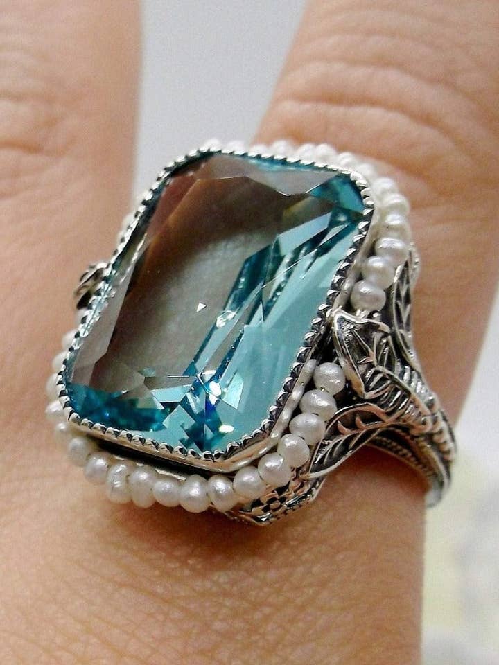 Aquamarijn Ring, Zaadparel Accent, Zilveren Blad Filigraan, Victoriaanse Sieraden #D234 voor wholesale door Silver Embrace Jewelry