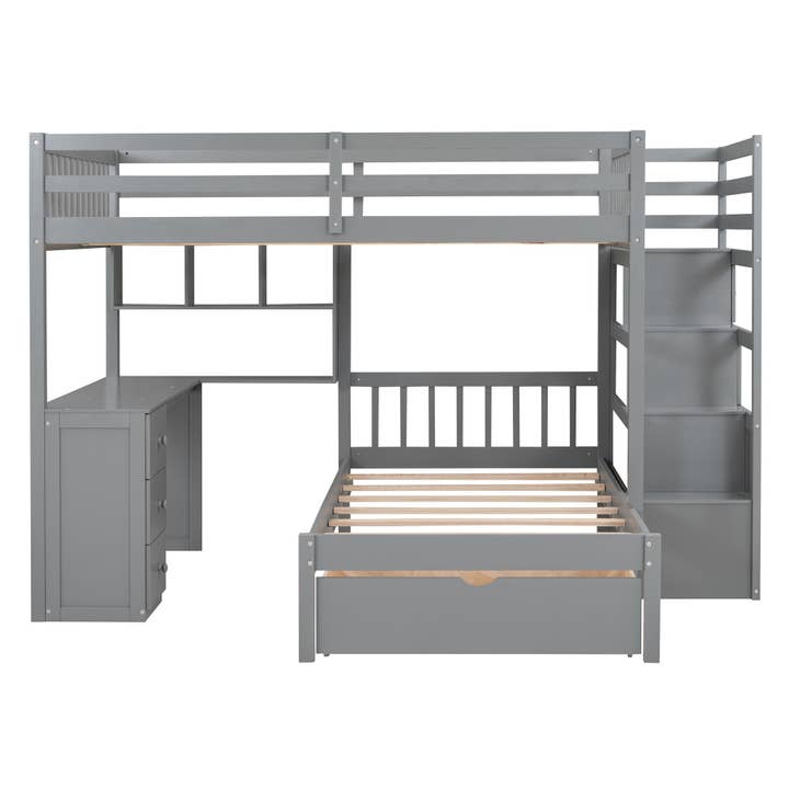 HomeRoots - Wholesale Bed - Gray Full Over Twin Wood Bunk Bed With Stairs Desk Drawers And Storage4