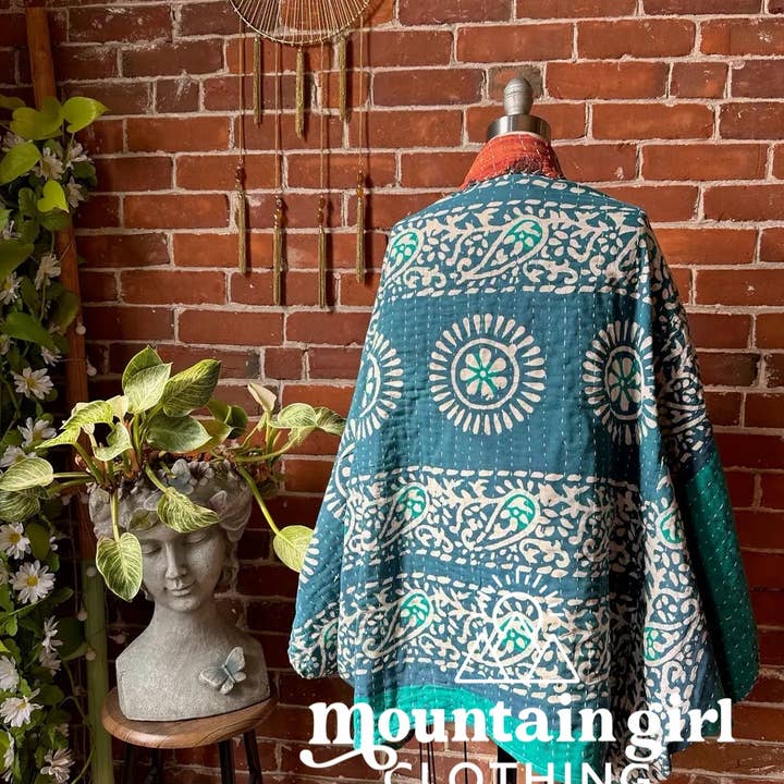 Mountain Girl Clothing - Wholesale Wrap - Women's - Upcycled Reversible Kantha Cocoon Shawl Sweater3