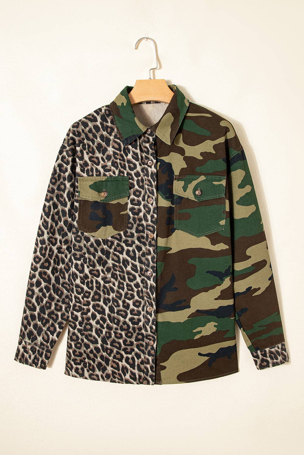 Brown Leopard Camo Patchwork Oversized Shacket for wholesale on Faire5