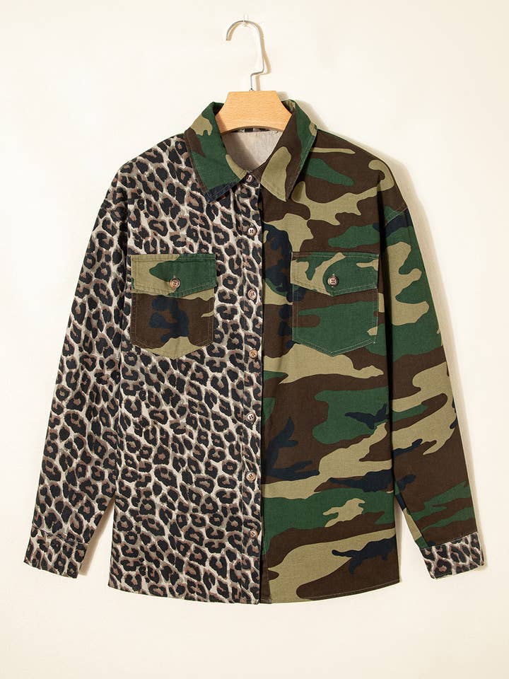 Brown Leopard Camo Patchwork Oversized Shacket for wholesale on Faire5