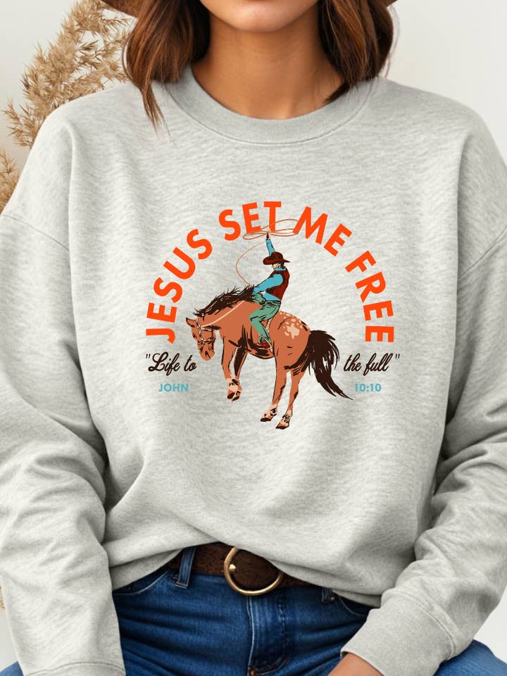 Jesus Set Me Free Adult Crewneck for wholesale by Little Texan Design