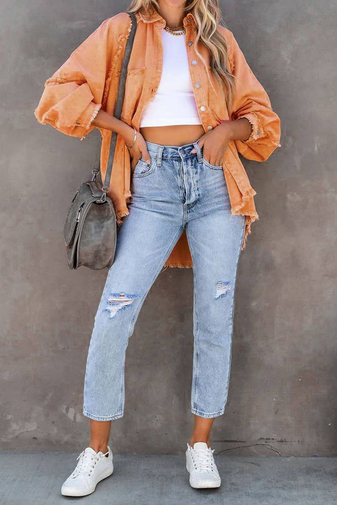 UNISHE - Vendita all'ingrosso Giacca di jeans - Donna - Giacca di jeans con bottoni color caramella e tasche, bordi grezzi JRM0182