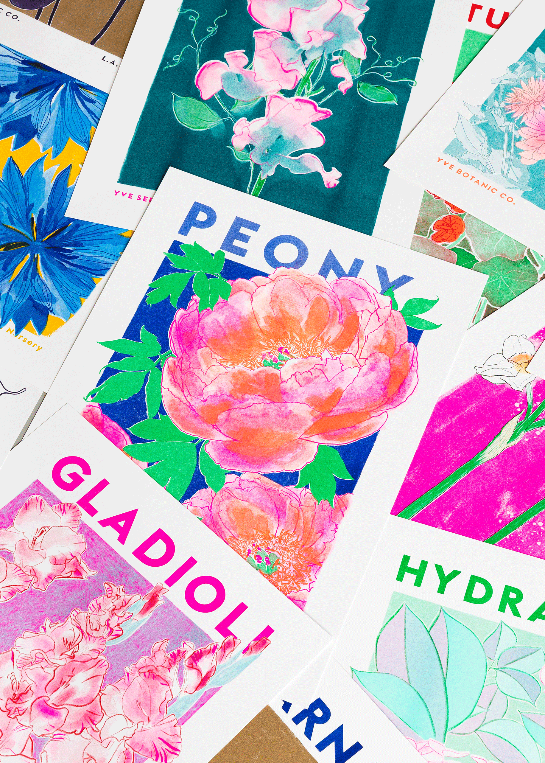 Eve Print Studio. – wholesale Konsttryck – Riso-tryck med pionblomma i fluoro rosa och orange3