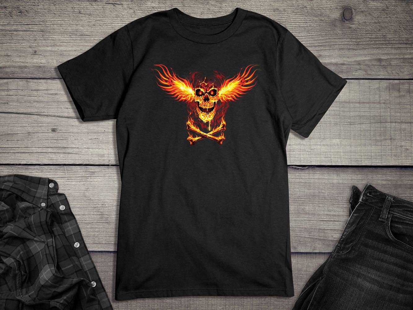 Artopia - Wholesale Screen Printed T-Shirt - Unisex - Skull Fire Wings T-Shirt1