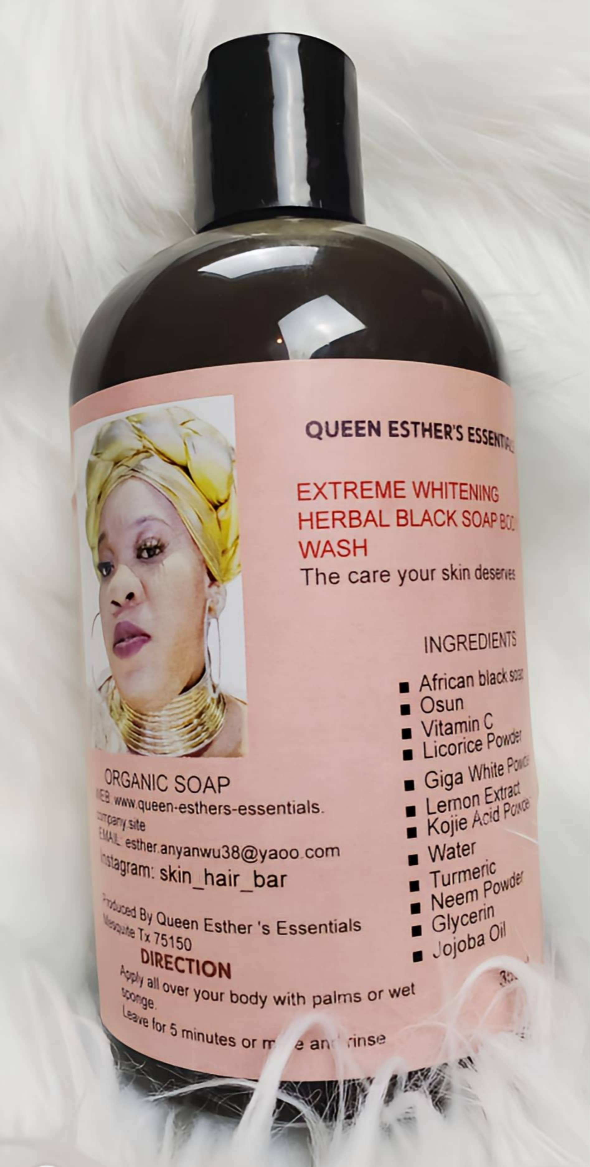 Queen Esther's Essentials - Wholesale Body Wash/Shower Gel - Extreme Whitening Herbal Black Soap Body Wash ,Organic 12 OZ2