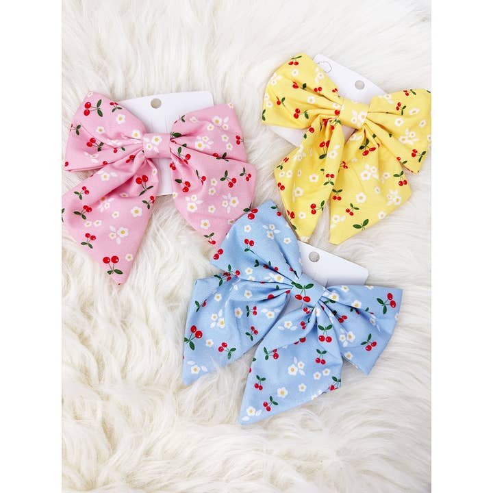Mix Colors of Cherry Printed Bow Hair Clips for wholesale on Faire