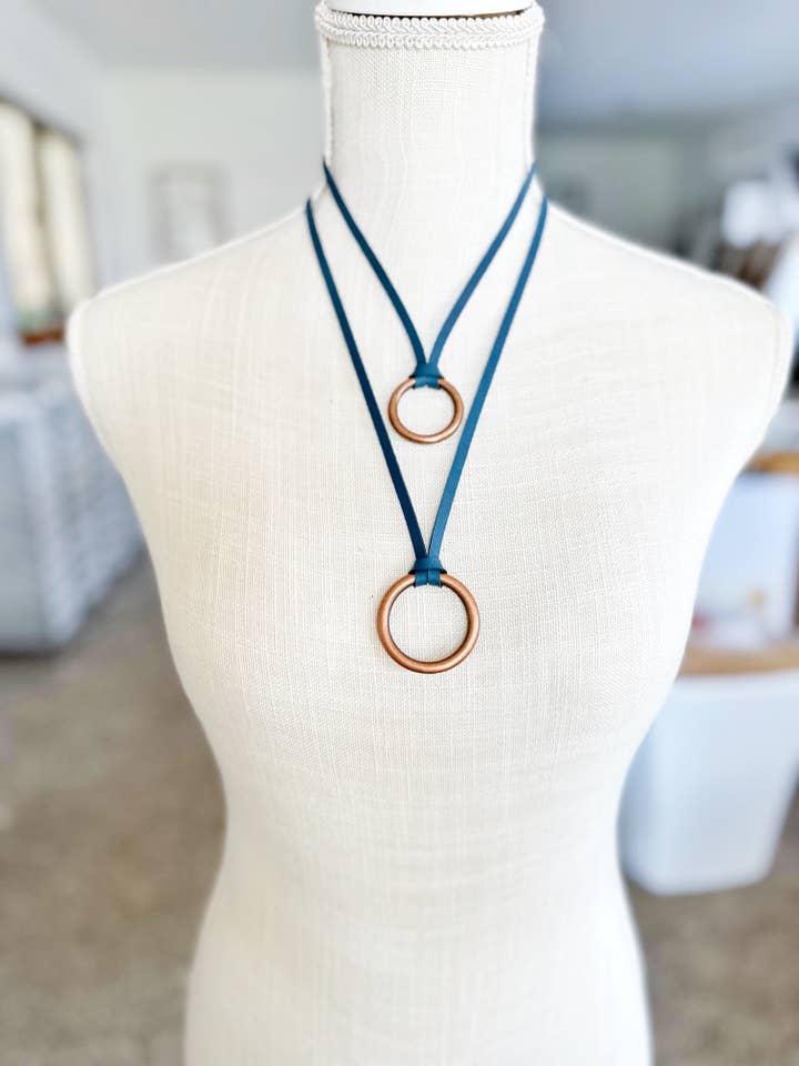 Copper O-Ring on Blue Deerskin Suede Necklace for wholesale by Boho By Design