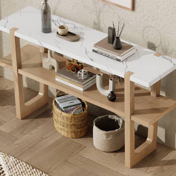 Orange County Decor - Wholesale Console Table - Retro Elegant Console Table With Marble Effect Top And Versatile Storage Solutions For Entryway And Living Room Natural Natural Solid Wood Mdf4