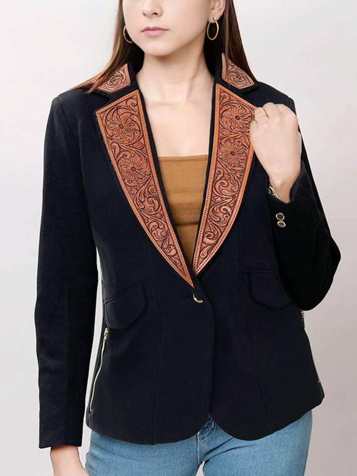 LC-ADBZ015 Women's Western Blazer with Tooled Leather Lapels & Zipper Detail - Tailored Black Jacket and other Purchase Wholesale patch blazer. Free Returns & Net 60 Terms on Faire trending on Faire.