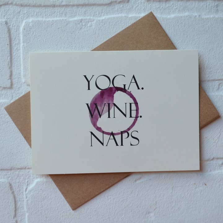 Yoga, Vin et Siestes | Cartes de vœux Yoga | Carte vin pour la vente par This & That Creations, INC.