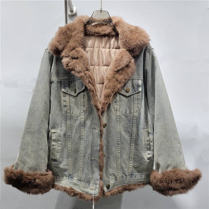 M268 Winter Contrast Stitching Denim Loose Fur Cotton Coat for wholesale by Sanyao Fashion