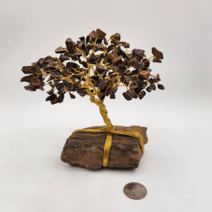 Meraki Gemstones - Vendita all'ingrosso Pietra/cristallo spirituale - Albero di pietra preziosa - Occhio di tigre con base a occhio di tigre con filo dorato5