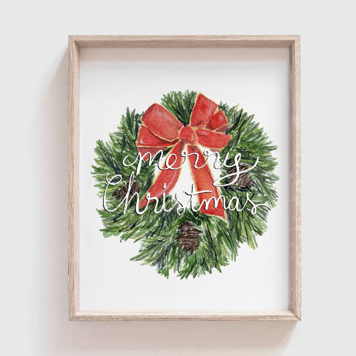 Merry Christmas Wreath Watercolor Art Print for wholesale by Grace Langdon Art
