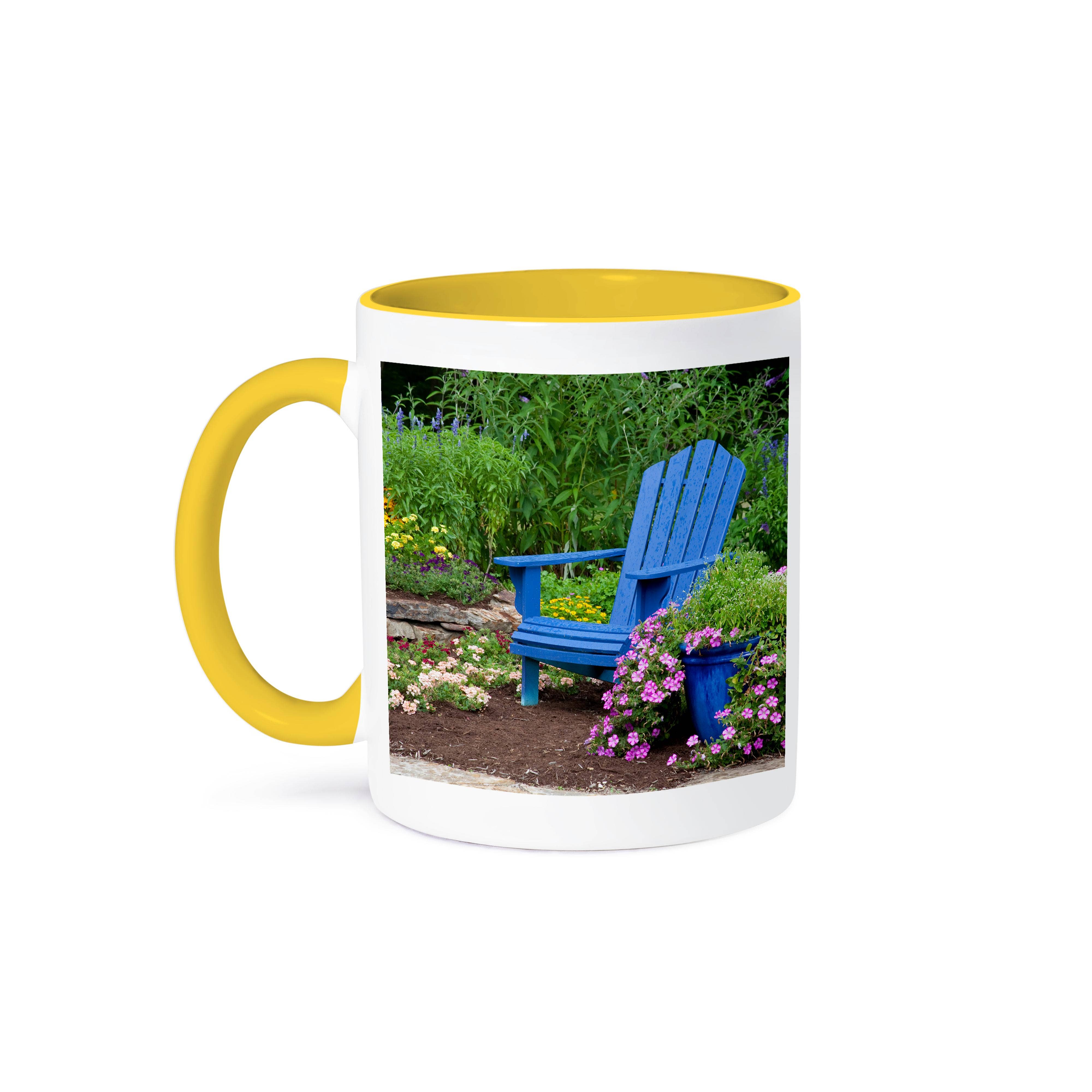 3dRose - Wholesale Coffee Mug - 3dRose, Flower garden with blue Adirondack chair and pot of flowers, Mug0